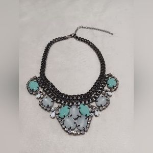 Silver Toned Metal Aqua Blue and White Plastic Oval Bead 16 inch Necklace